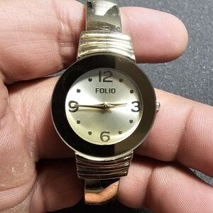 Folio Ladies Quartz Fashion Watch Gold Tone Cuff bracelet Round Face Working sho